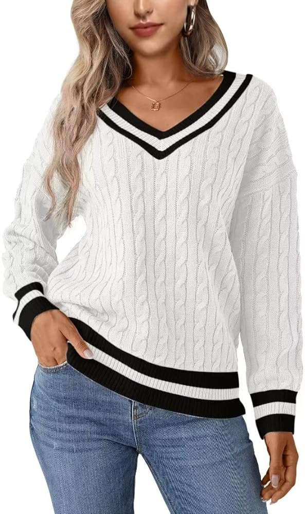 Jollycode Women's Cable Knit V Neck Sweaters Casual Long Sleeve Pullover Loose Off Shoulder Jumpe... | Amazon (US)