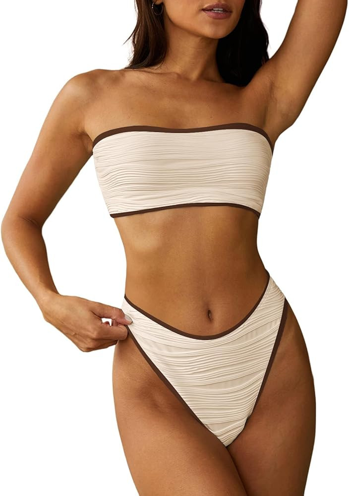 ZAFUL Women Strapless Textured Bandeau Bikini 2 Piece Swimwear Cheeky Solid Lace up Bathing Suits | Amazon (US)