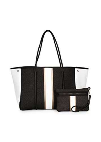Haute Shore - Greyson Bravo Neoprene Tote Bag w/Zipper Wristlet Inside, Black Denim W/Rosegold & White Stripe | Amazon (US)