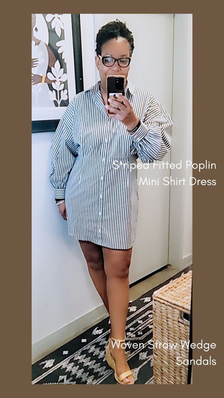 Love this spring look from Express.  Striped Fitted Poplin Mini Shirt Dress with Woven Straw Wedge Sandals#springoutfit #express 

#LTKSeasonal #LTKshoecrush #LTKstyletip