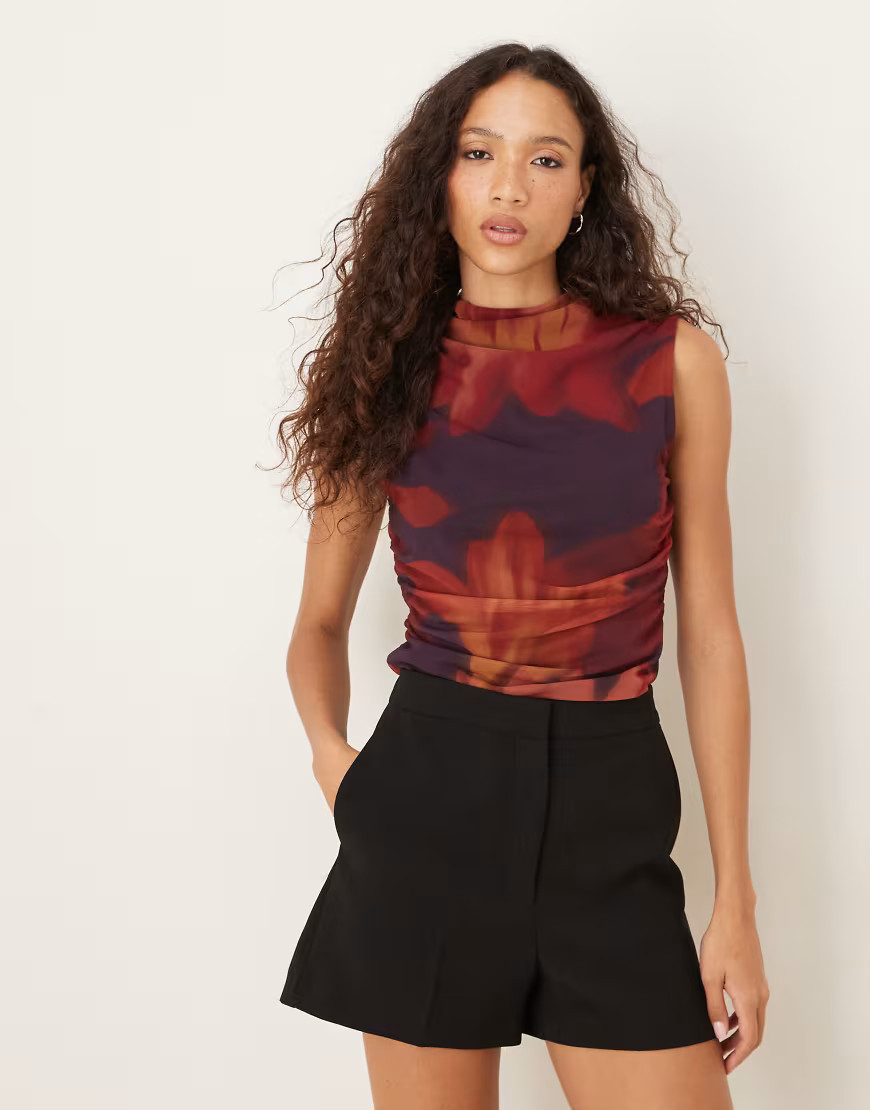 ASOS DESIGN mesh high neck ruched side floral print co ord top in fig-Purple | ASOS (Global)