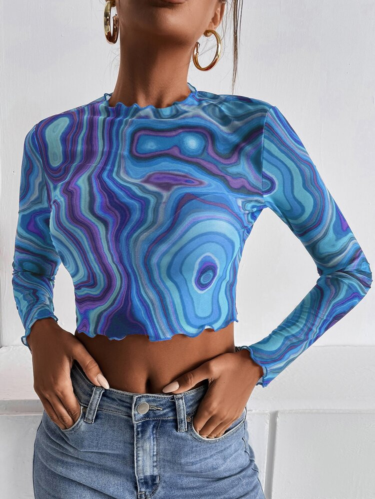 SHEIN Marble Print Lettuce Trim Mesh Top | SHEIN