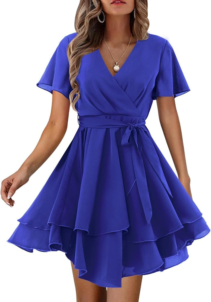 Amoretu Womens Summer Dress Short Sleeve Tie Waist Ruffle Swing Dresses (Blue,M) | Amazon (US)