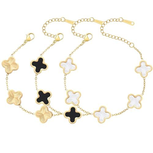 18K Gold Plated Bracelet Gold/White/Black Clover Bracelet Set for Women Four Leaf Lucky Bracelets... | Amazon (US)