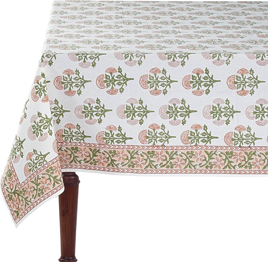Ridhi Mughal Buta Peach Hand Block Print Cotton Rectangle Tablecloth 108 x 70 inch-Reusable Table... | Amazon (US)