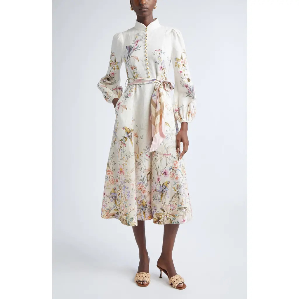 Zimmermann Rebellion Linen Button Midi Dress in Cream Aviary at Nordstrom, Size 2 | Nordstrom