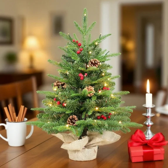 Bringstar 2FT Pre-Lit Mini Fir Artificial Christmas Tree Tabletop, Small Green Xmas Tree with 50 ... | Walmart (US)