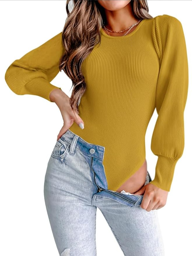 MASCOMODA Long Puff Sleeve Sweaters for Women 2025 Fall Winter Crewneck Knit Ribbed Bodysuit Pull... | Amazon (US)