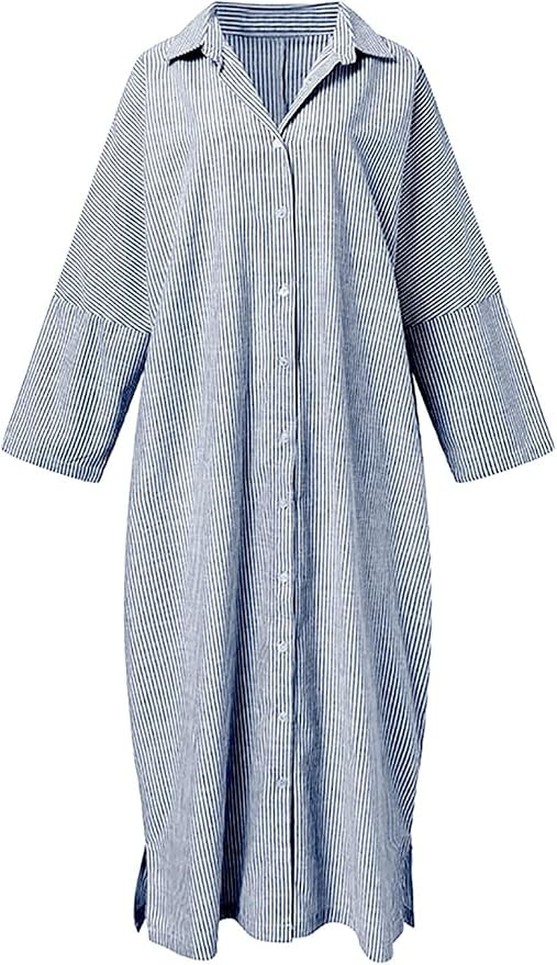 chouyatou Women's Casual Long Sleeve Button Down Loose Striped Cotton Maxi Shirt Dress | Amazon (US)
