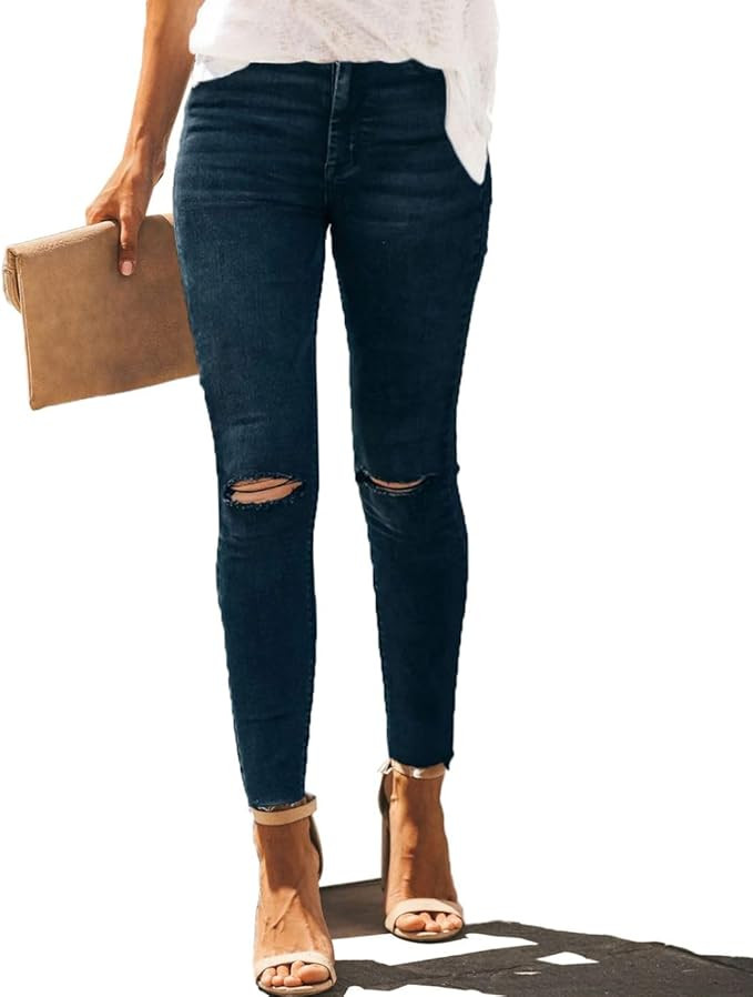 Allimy Women's High Rise Skinny Stretch Ripped Jeans High Waisted Destroyed Denim Pants | Amazon (US)