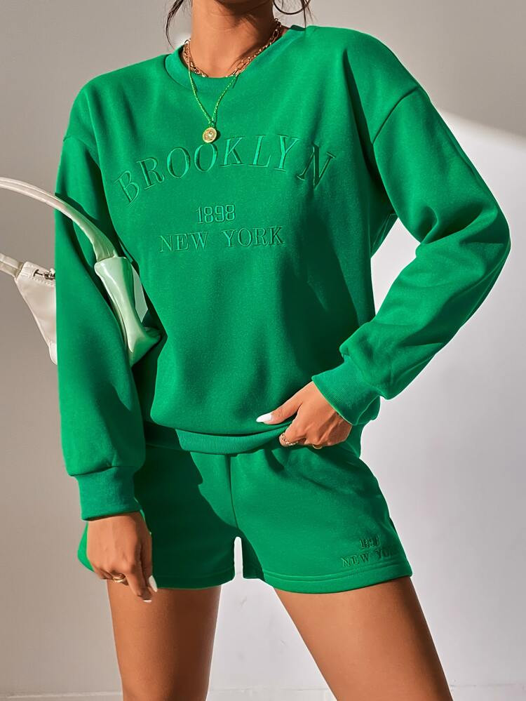 SHEIN EZwear Letter Embroidery Pullover & Drawstring Waist Track Shorts | SHEIN