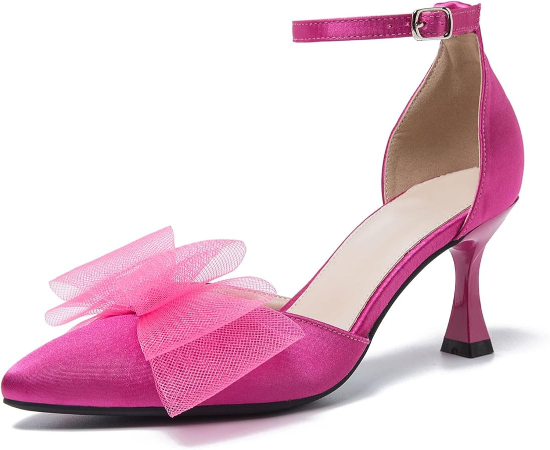 LIURUIJIA Women's Low-Heel Strappy Closed Toe Stiletto Pumps Pointed Toe Mesh Bows Ankle Strap D'... | Amazon (US)