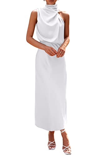 PRETTYGARDEN Women's 2025 Summer Satin Dress Elegant Sleeveless Mock Neck Cocktail Party Maxi Dresses (White,Small) | Amazon (US)