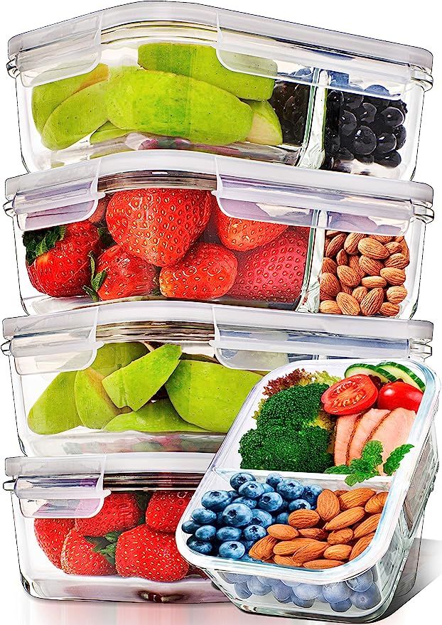 Prep Naturals Glass Meal Prep Containers Glass 2 Compartment 5 Pack - Glass Food Storage Containe... | Amazon (US)