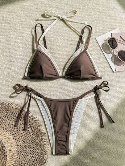 New Contrast Color Halter Backless Sexy Bikini Set, For Summer Beach Vacation | SHEIN