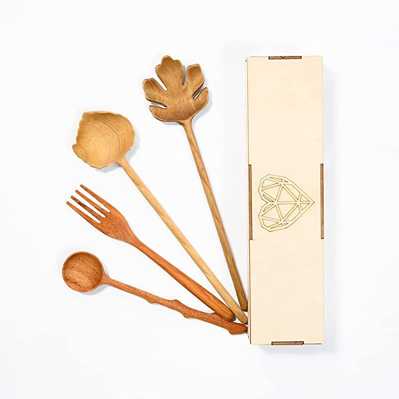 JABIHOME 4 Wooden Spoons and Forks Set, Hostess Gifts for Women, Wooden Serving Utensils, Cooking... | Amazon (US)