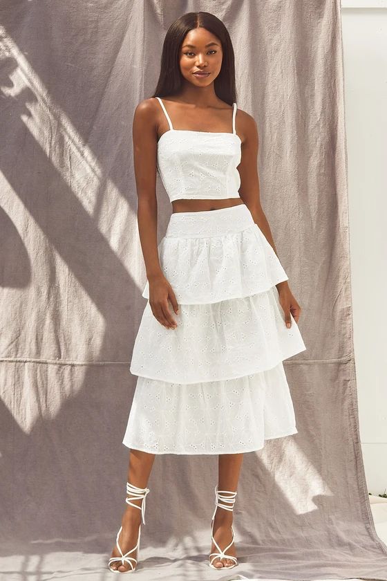 Romantic Summer White Eyelet Tiered Two-Piece Midi Dress | Lulus (US)