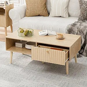 LCRBOL Coffee Table with Storage, Boho Dining Table with Fluted Drawer and Solid Wood Legs, Small... | Amazon (US)