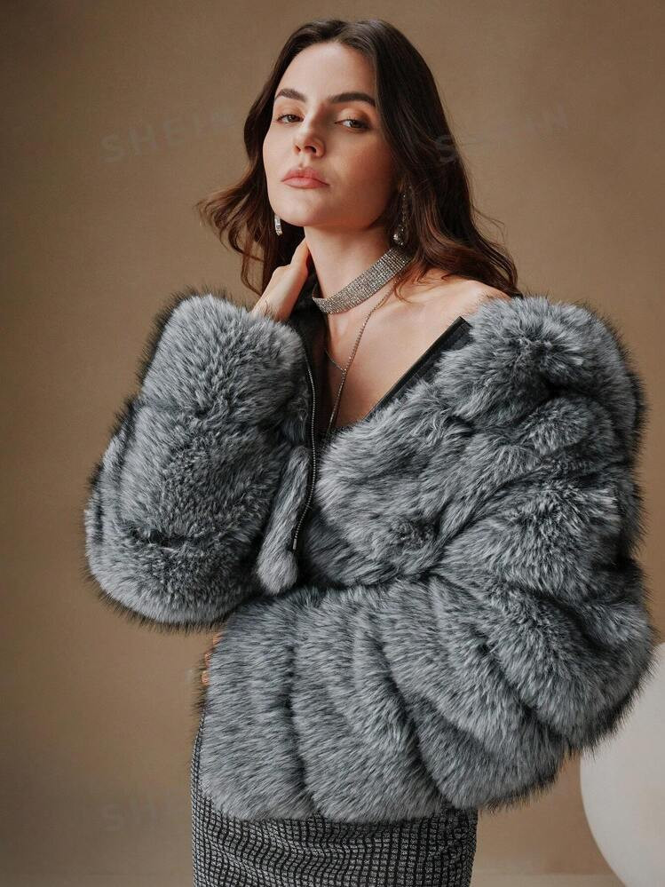 Anewsta Women's Elegant Faux Fur Hooded Short Jacket | SHEIN | SHEIN