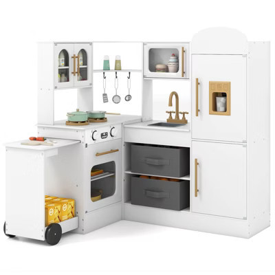 Costway Corner Kitchen with Lights and Sounds Interactive Wooden Playset Toy Kitchen Set White | Target