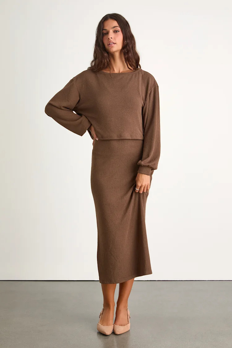 Marvelous Match Brown Knit Two-Piece Midi Dress & Sweater Set | Lulus