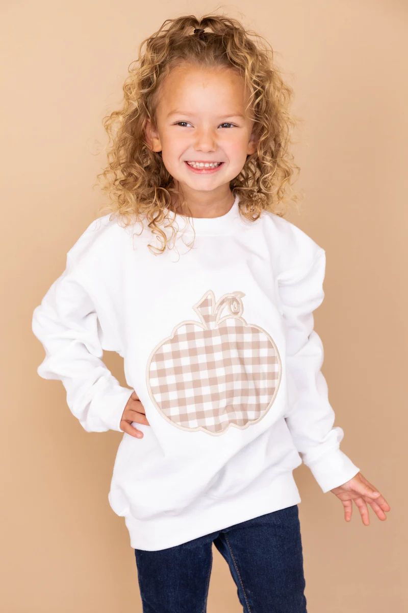Kids Plaid Pumpkin Applique White Sweatshirt | The Pink Lily Boutique