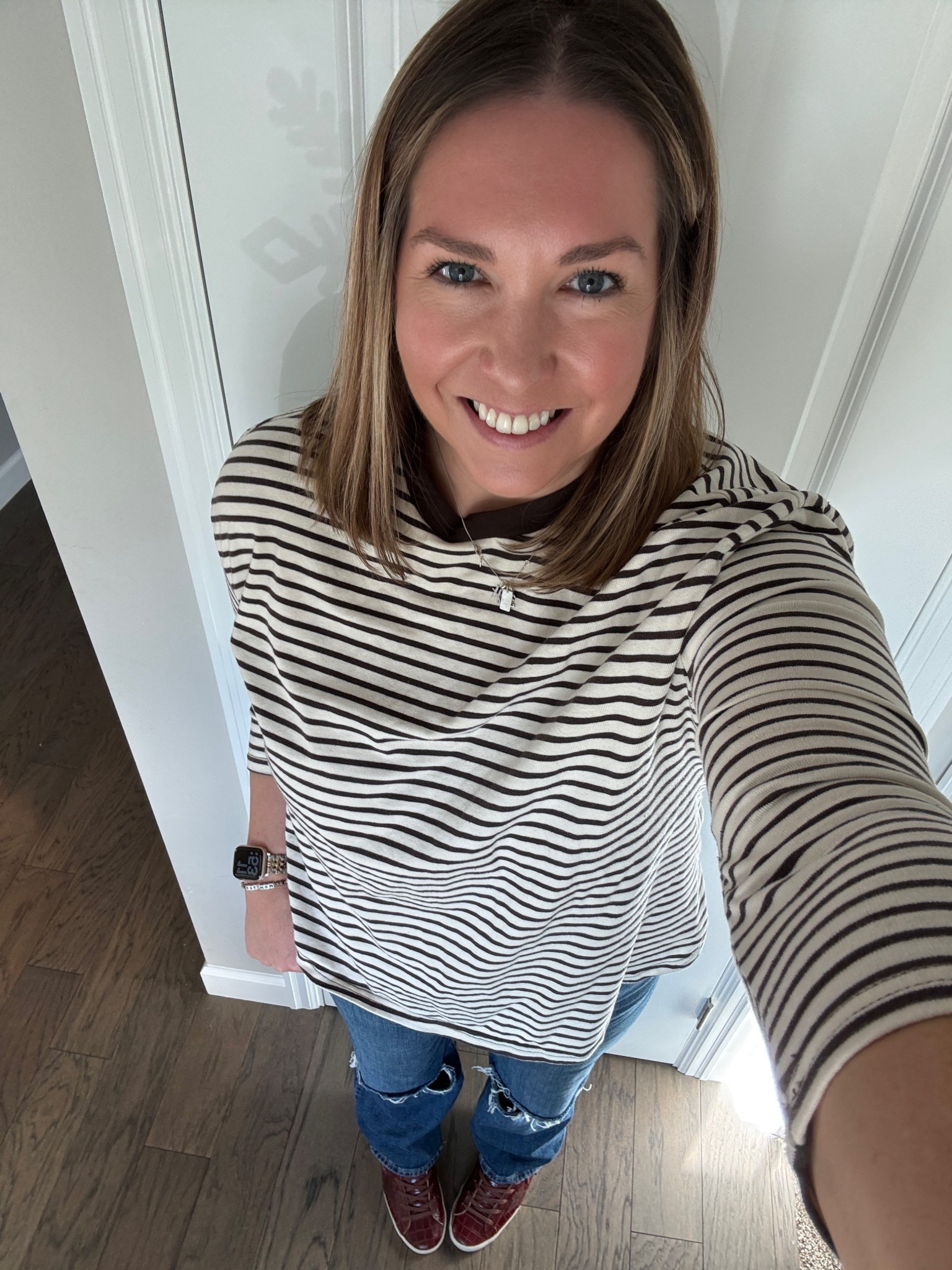 Casual outfit to hit a brewery and winery with some family. I’ve had this shirt for a while and seem to always pull it out. It’s casual yet the stripes add a little interest. Wearing my favorite jeans and a pair of fun sneakers  

#LTKFindsUnder50 #LTKootd #LTKMidsize