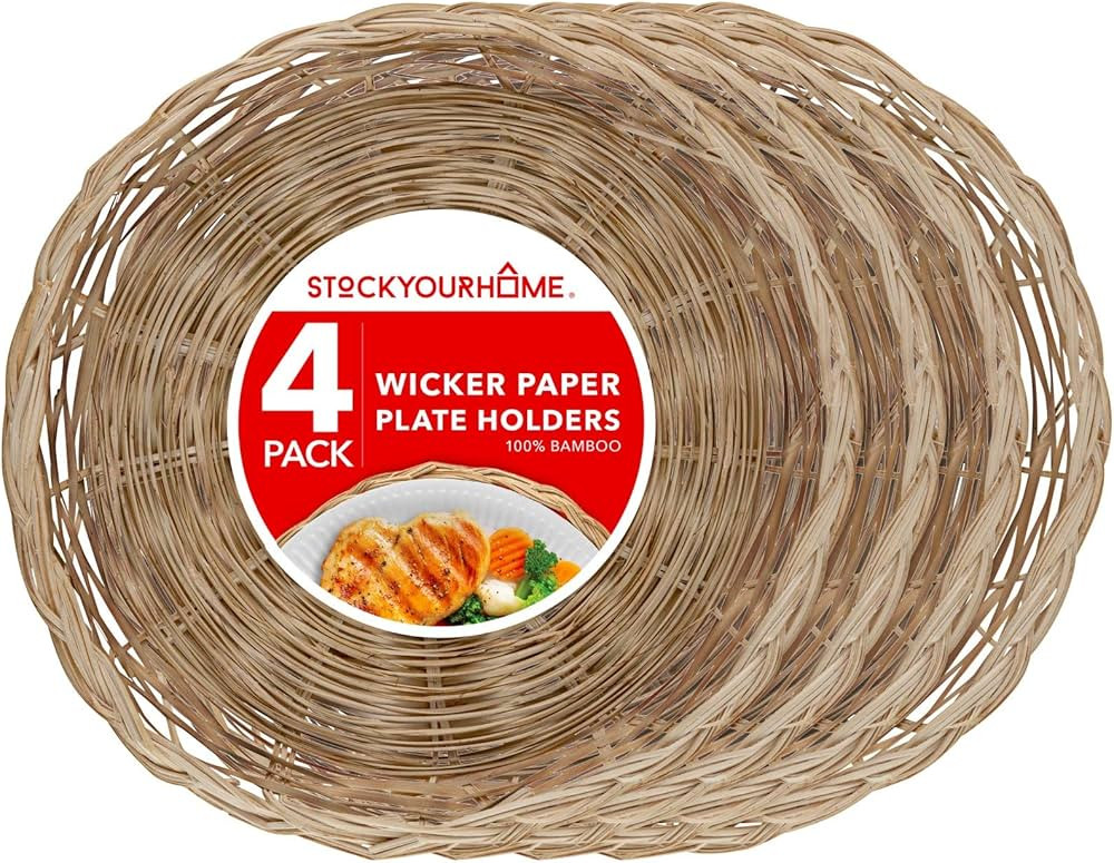 Stock Your Home 10-Inch Bamboo Paper Plate Holder (4 Count) - Heavy Duty Wicker Reusable Paper Pl... | Amazon (US)