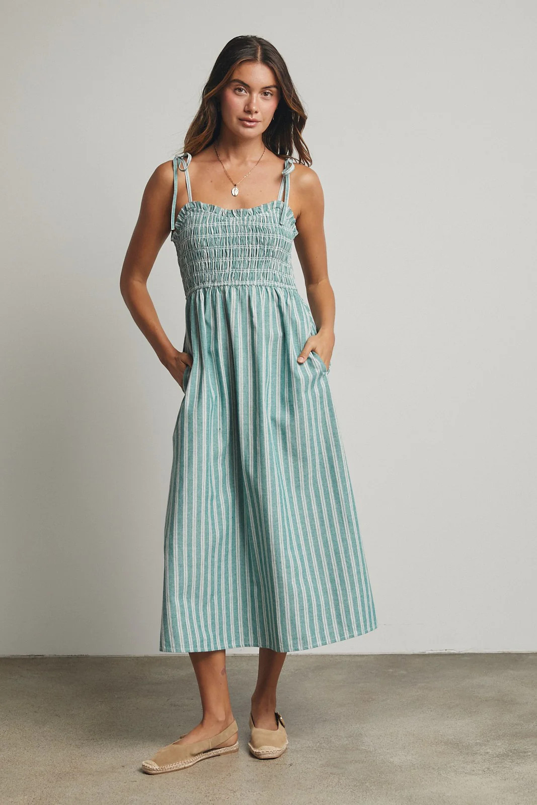Jade Green Striped Smocked Shoulder Tie Midi Dress - Medium | PinkBlush Maternity