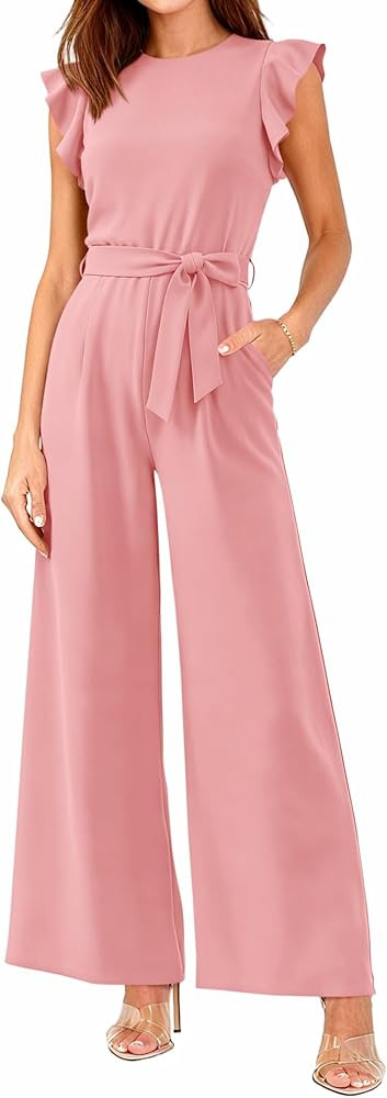 BTFBM Jumpsuits For Women 2026 Crew Neck Dressy Cap Sleeve Belted High Waist Wide Leg Romper One ... | Amazon (US)