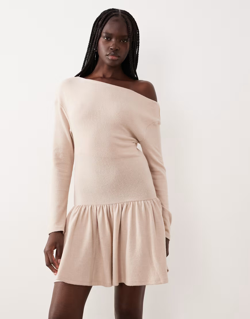 ASOS DESIGN supersoft asymmetric mini dress with dropped hem detail in cream-White | ASOS (Global)