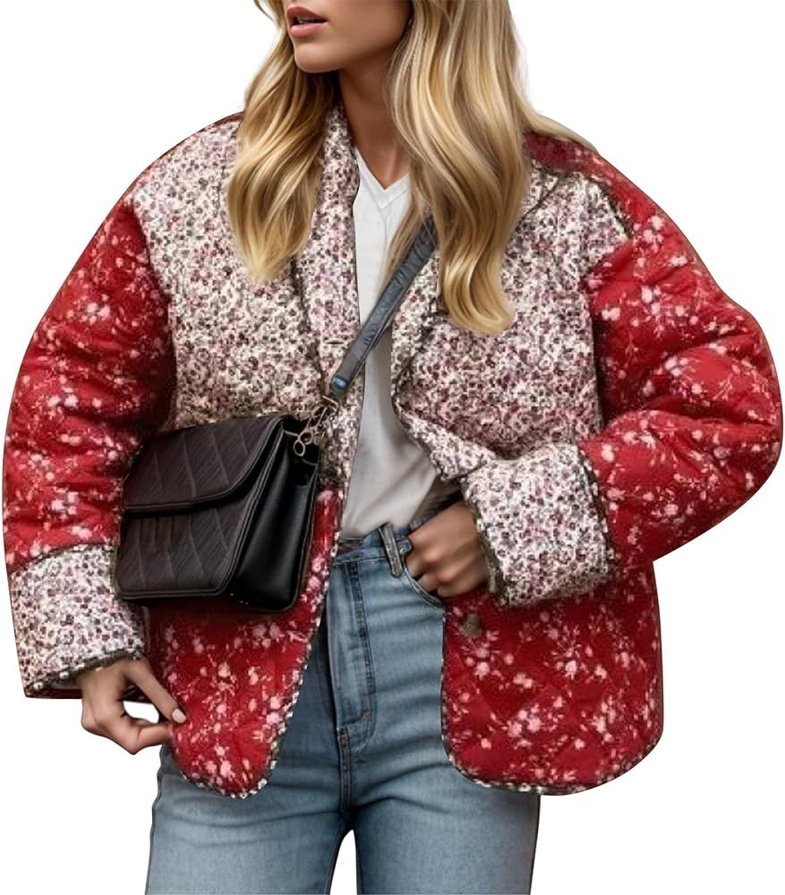 Duyang Women's Cropped Puffer Jacket Lightweight Floral Printed Open Front Quilted Coat Winter Wa... | Amazon (US)