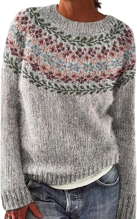 Zhyaj Fair Isle Sweater for Womens Winter Long Sleeve Vintage Knitted Sweater Casual Fall Crew Ne... | Amazon (US)