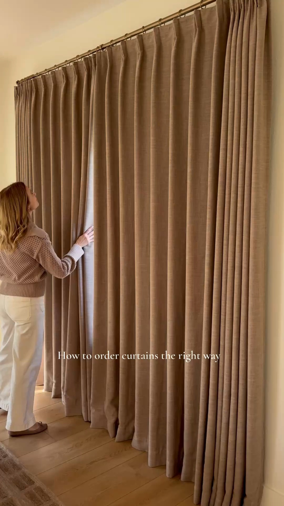 Two Pages Liz Linen curtains have always been my favorite. Love it in this brown tone. 

Here’s all you need to know to order your curtains. 

Details:
Liz Linen color Taupe Grey 1908-8
Taylor Pleat, memory shape
Privacy lining

Use code PAULABHOME for 24% off your Two Pages order.

✨ SAVE this for later 
How to order curtain width and length
Width:
Measure the total width of your window and multiply by 1.5.
Then divide that number by 2 to get the width for each panel.
For example, if your window is 100 inches wide:
100 × 1.5 = 150
150 ÷ 2 = 75
Each panel should be 75 inches wide.
For smaller windows, I never order less than 40 inches per panel if you like a fuller look when the curtains are open.
Length:
Measure the height of your wall and decide where you want to hang the rod. I like the rod to be about 4-10 inches below the ceiling.
Then measure from the rod to the floor and subtract about 2 inches to account for the curtain rings or hooks. This will allow the curtains to touch the floor without dragging.
Example with 9-foot walls:
108 inches wall height
- 10 inches (rod below ceiling)
- 1 inch (space for rings / hooks)
= 97 inches curtain length
So in this case, I would order 97-inch curtains.

