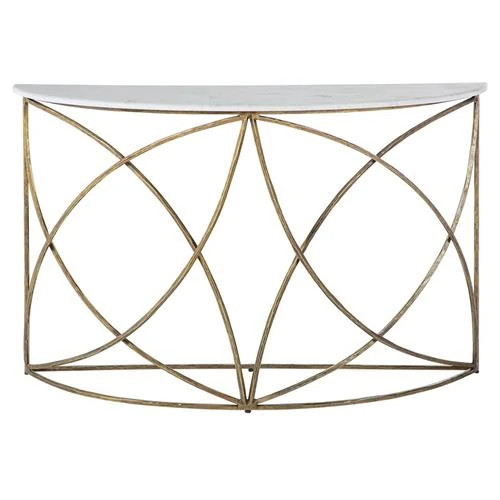 Wayland Regency White Marble Aged Brass Base Demilune Console Table | Kathy Kuo Home