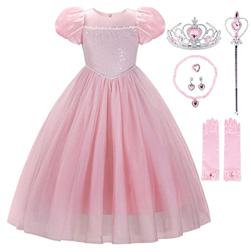 JerrisApparel Girls Princess Dress Puff Sleeve Princess Costume with Accessories (Pink, 90) | Amazon (US)