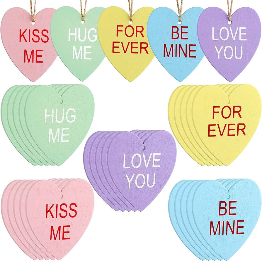 30 Pieces Valentine's Day Conversation Heart Ornaments Wooden Heart Shaped Hanging Heart Wood Emb... | Amazon (US)