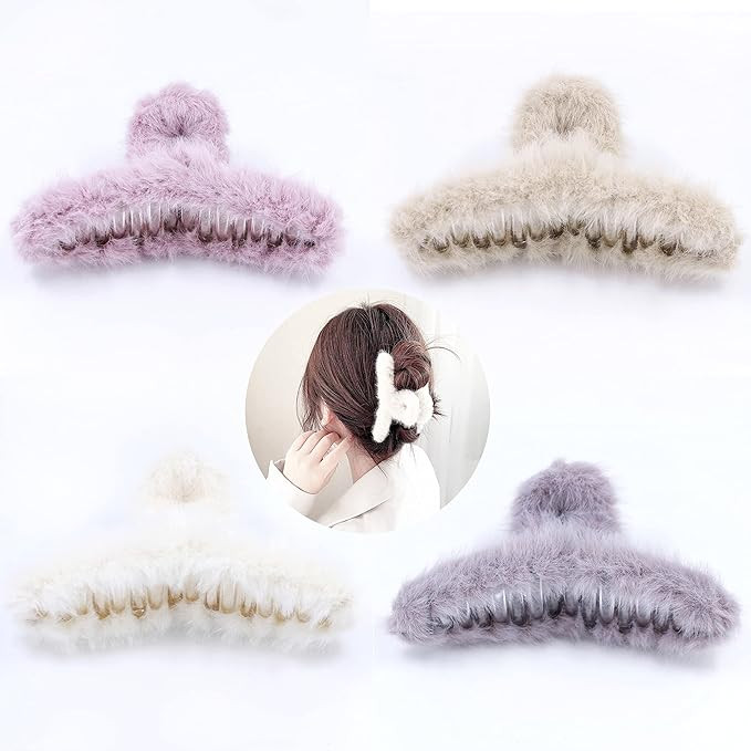 VinBee 4 PACK Large Faux Fur Hair Claw Clips Plush Hair Catch Barrette Jaw Clamp for Women Half B... | Amazon (US)