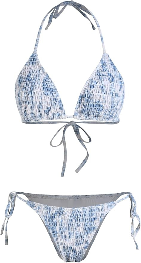 CIDER Solid Smocked Triangle Bikini Set | Amazon (US)