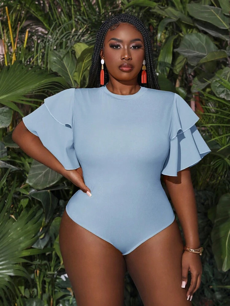 Slaydiva Plus Size Ruffle Splice Long Sleeve Bodysuit | SHEIN