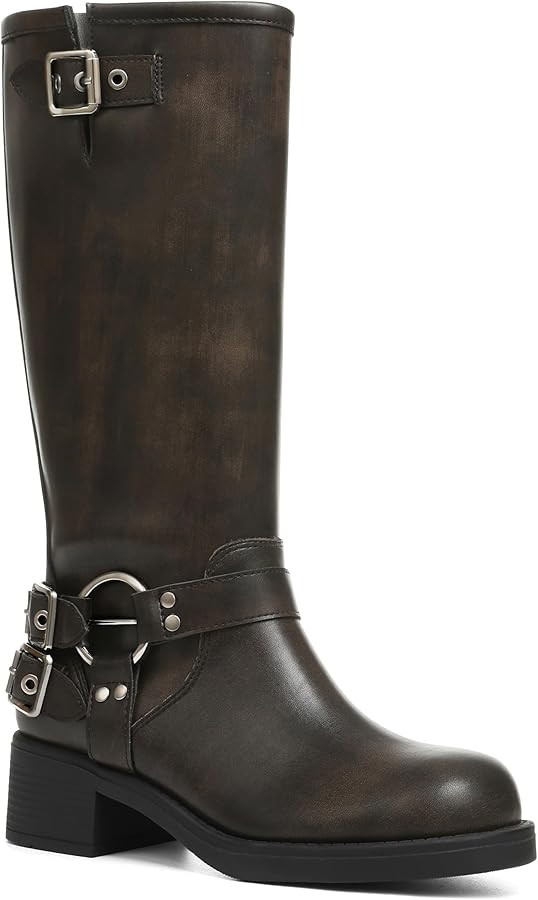 AMINUGAL Knee High Boots Women Square Toe Pull On Wide Calf Riding Fashion Buckles Chunky Metalli... | Amazon (US)