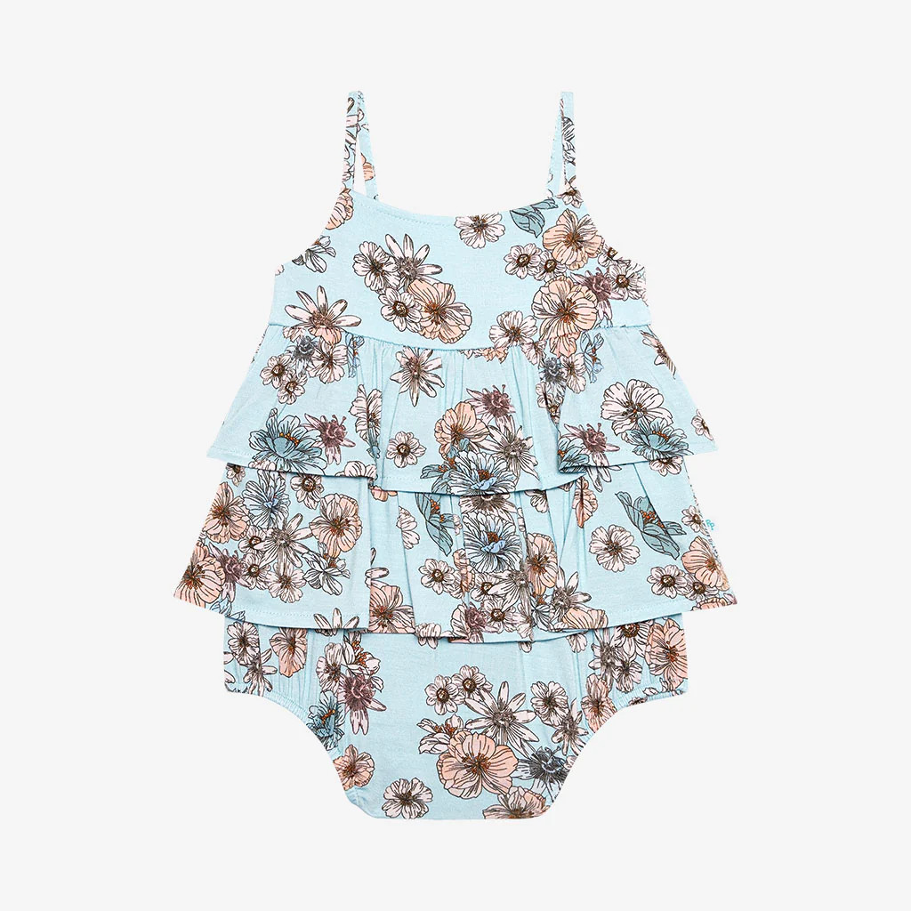 Floral Blue Sleeveless Girl Bubble Romper | Natalie | Posh Peanut