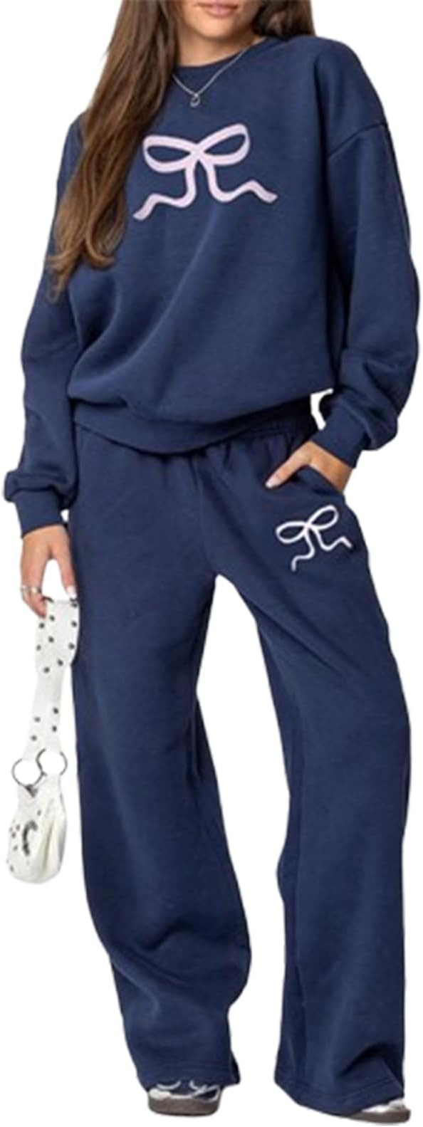 2 Piece Lounge Sets for Women Fall Sweatsuits Bow Print Long Sleeve Crew Neck Wide Leg Sweatpants... | Amazon (US)