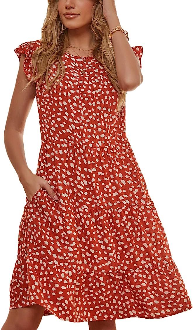 Women's Summer Mini Dress Ruffle Sleeve Tiered Loose Fit Badydoll Dress | Amazon (US)