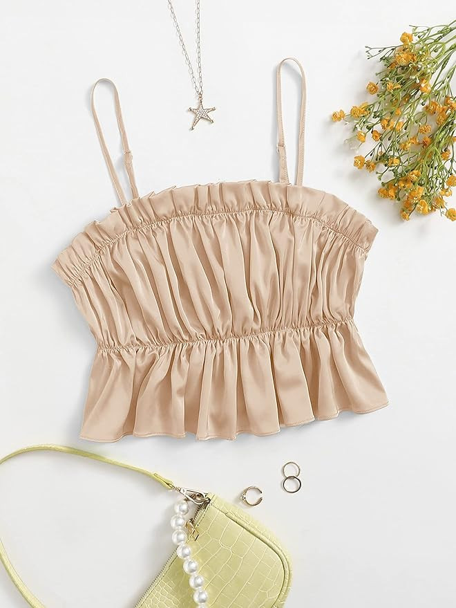 Milumia Women Ruched Ruffle Hem Satin Cami Crop Top Spaghetti Strap Frilled Camisole | Amazon (US)