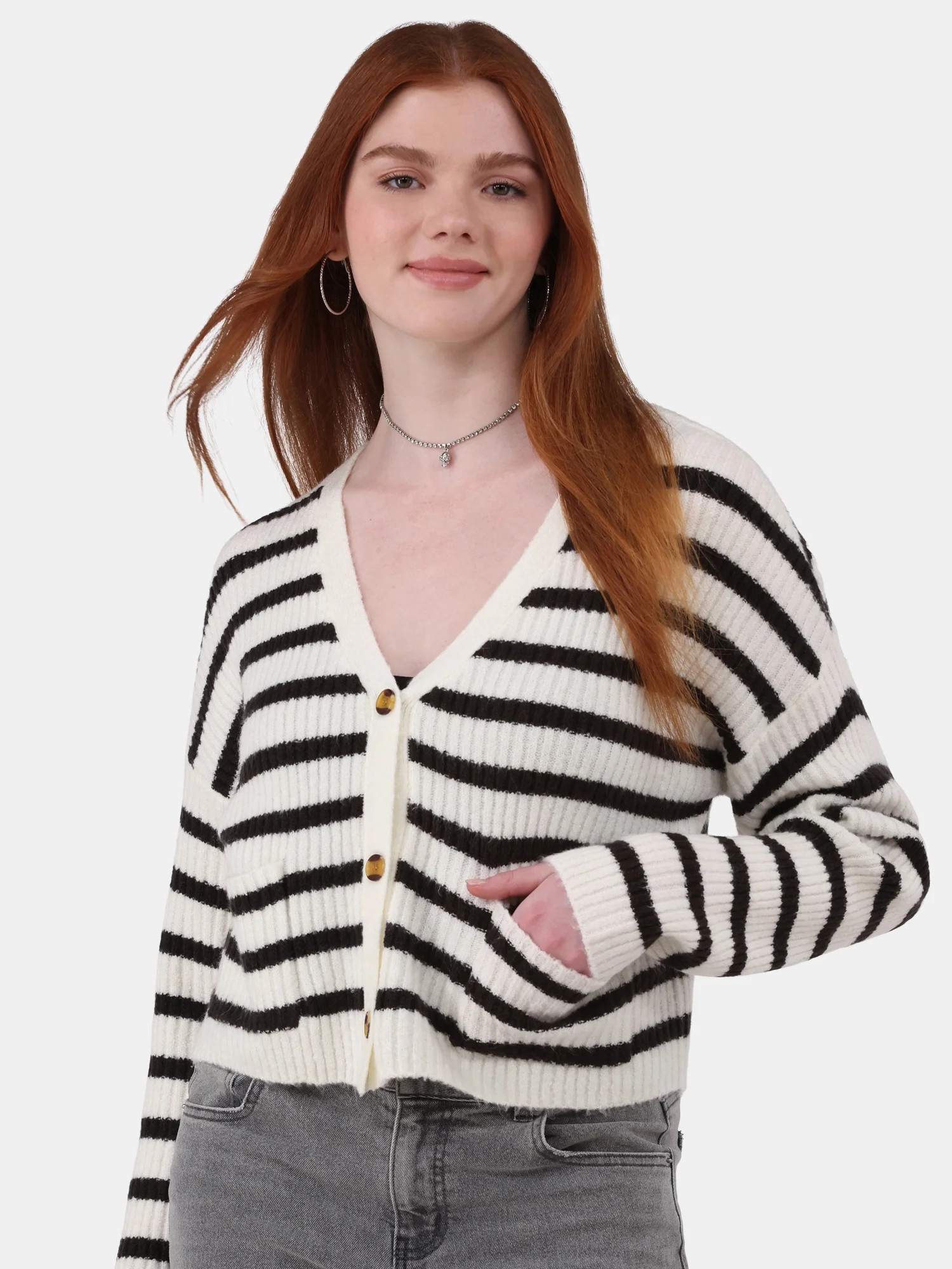 No Boundaries Button Front Ribbed Cardigan Sweater, Midweight, Women’s | Walmart (US)