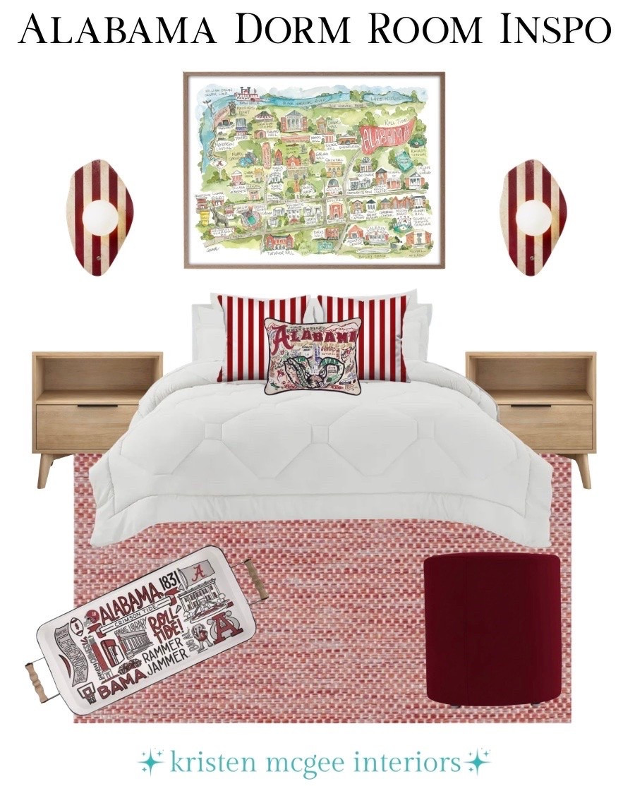 For the student who loves a clean, classic look with just the right amount of Crimson Tide Pride! Warm wood tones, tailored stripes, and subtle collegiate touches create a dorm that feels both timeless and personal! ❤️🐘 #CollegeDecor #LTKcreator #LTKdiml #LTKhome #DormRoomDecor