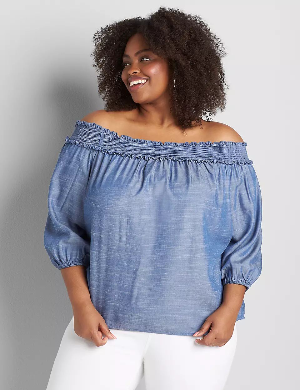 3/4 Sleeve Chambray Off-the-Shoulder Top | Lane Bryant (US)