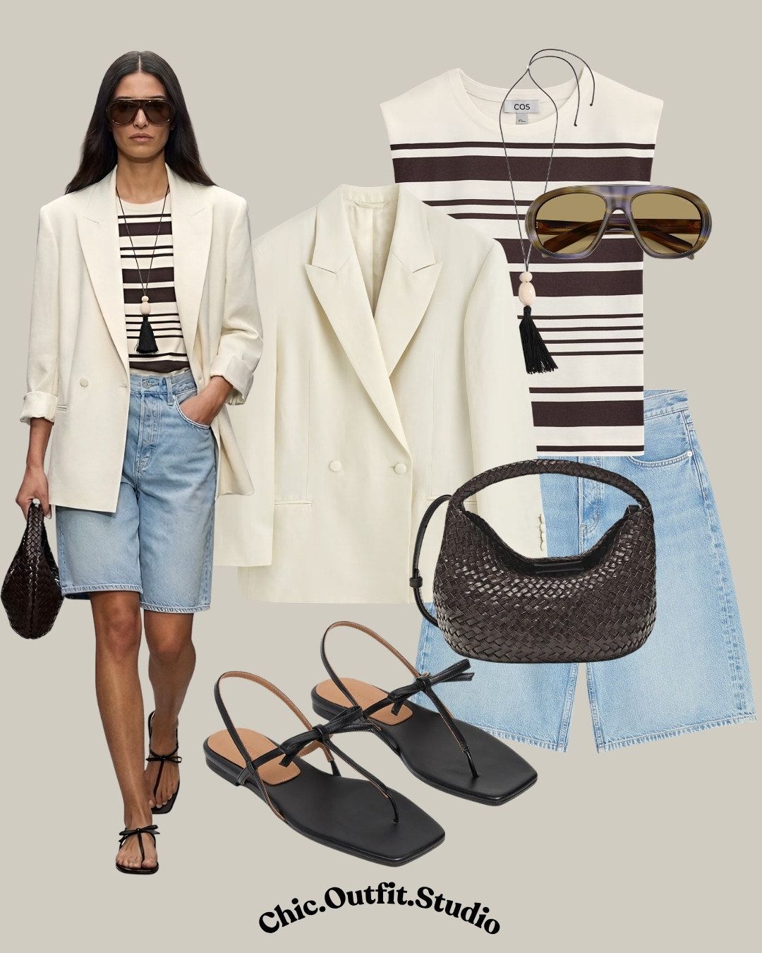 💫Cream Blazer + Denim Bermuda Shorts  💫A cream structured blazer layered over a striped knit top and light wash denim bermuda shorts creates a polished old money inspired summer outfit with timeless Parisian energy. Black leather sandals and woven dark espresso accessories add contrast while keeping the look sophisticated and effortless. 
💫This elevated smart casual outfit is perfect for brunch dates, summer meetings, city vacations, rooftop lunches, gallery visits, or stylish everyday wear. The combination of cream, navy stripes, and soft denim delivers a classic quiet luxury aesthetic that never goes out of style.
💫Tags: cream blazer outfit women, denim bermuda shorts outfit, old money summer style, Parisian chic outfit, striped knit top outfit, smart casual women outfit, quiet luxury fashion women, classy summer outfit ideas, blazer and shorts outfit, European summer fashion, polished casual style, elevated basics outfit women, woven bag outfit, sophisticated casual look, light wash denim outfit, minimalist elegant outfit, tailored summer blazer outfit, luxury casual styling, chic city summer outfit, timeless women fashion
 

 

#LTKsummer #LTKjeans #LTKshoes