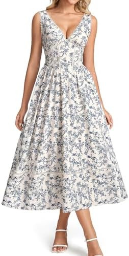 KUTUMAI Floral Corset Midi Dresses for Women 2026 Summer Spring V Neck Lace Up Flowy Wedding Gues... | Amazon (US)